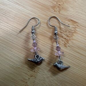 Silver and Pink Bird Charm Earrings